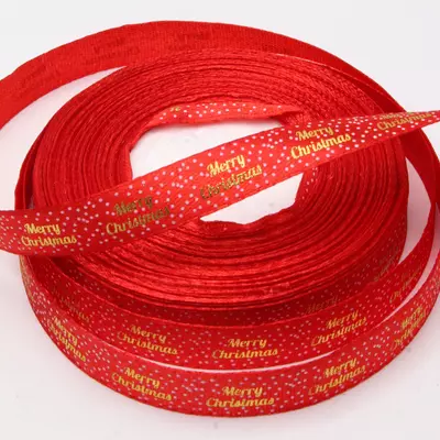 Лента атласная 1,2 см Merry Chrismas красная