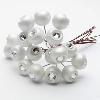 Декоративні ягоди зі стразами/кристалами d=2 см, 15 см перламутрові білі