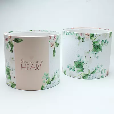 Коробка для квітів без кришки картонна Love in my heart d=18 см, h=16 см щільна макси рожево-біла
