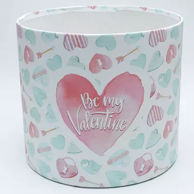Круглая коробка для цветов картонная BE MY VALENTINE d=20 cм, h=18 см плотная бело-розово-голубая