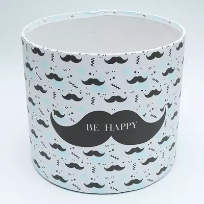 Кругла коробка картонна для квітів Вуса be happy d=18 см, h=16 см щільна чорно-біла