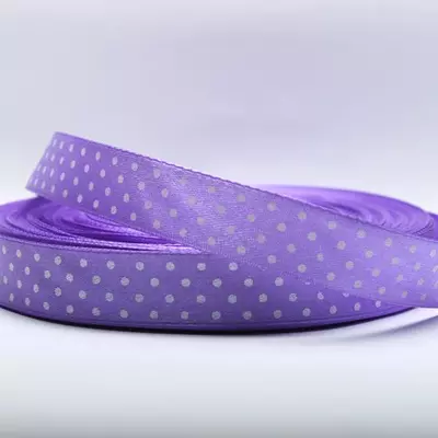 Стрічка атласна 1,5 см фіолетова в горошок