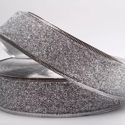 Лента новогодняя серебряная 3,8 см с проволочным краем