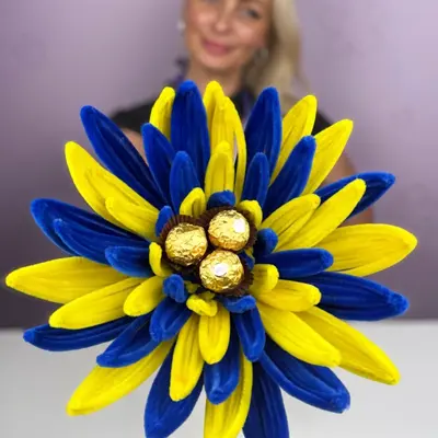 Набір + відео МК Мега хризантема синьо-жовта з синельного дроту